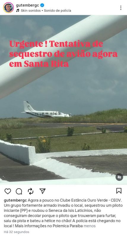 Polícia Civil apura tentativa de roubo de avião em Santa Rita, na Grande João Pessoa - Imagem do artigo original